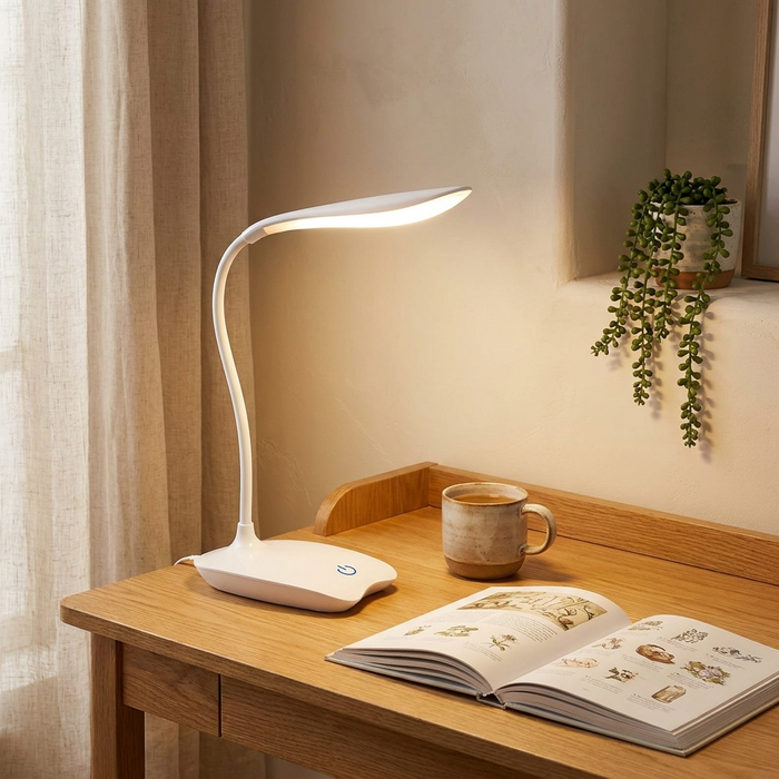 Rechargeable LED desk lamp lighting an open book on a warm oak desk
