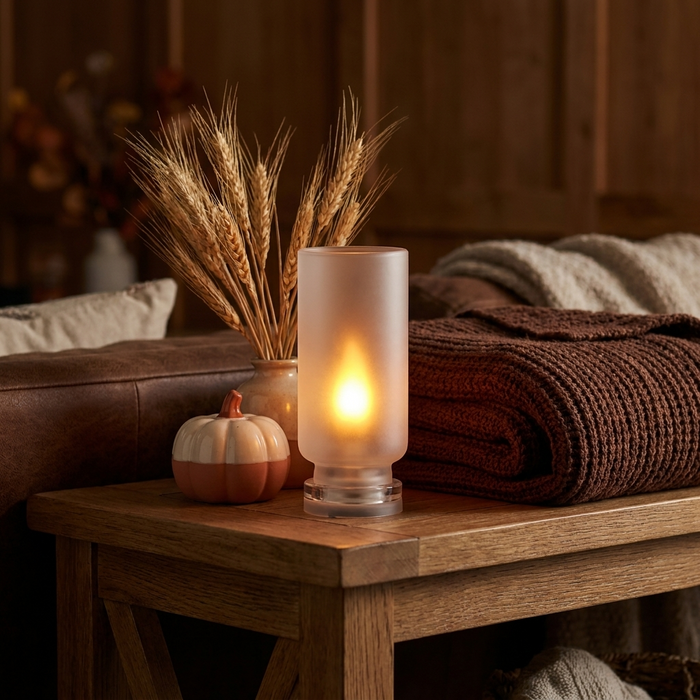 Frosted glass flame candle light glowing on an oak side table with dried wheat and a pumpkin