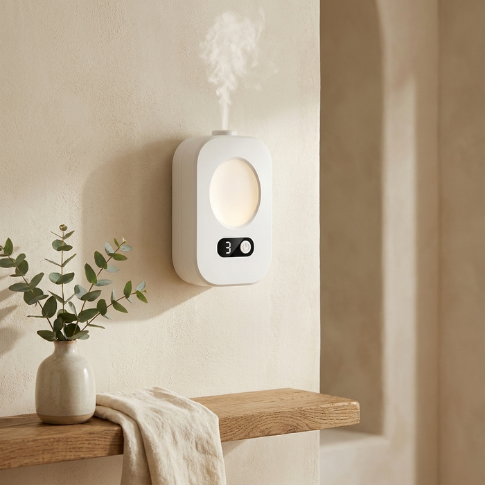 Wall-mounted aroma diffuser releasing soft mist on a cream plaster wall
