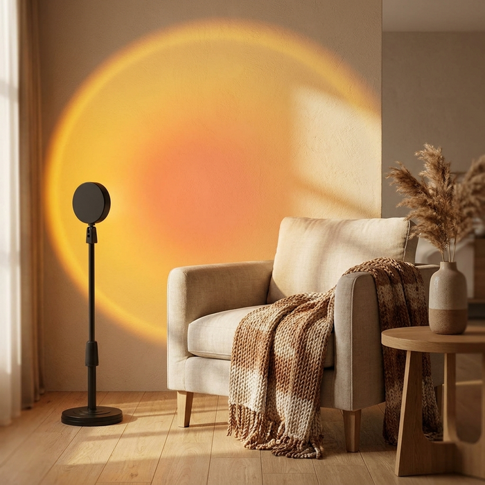 Sunset projector casting a golden halo on the wall of a cozy living room