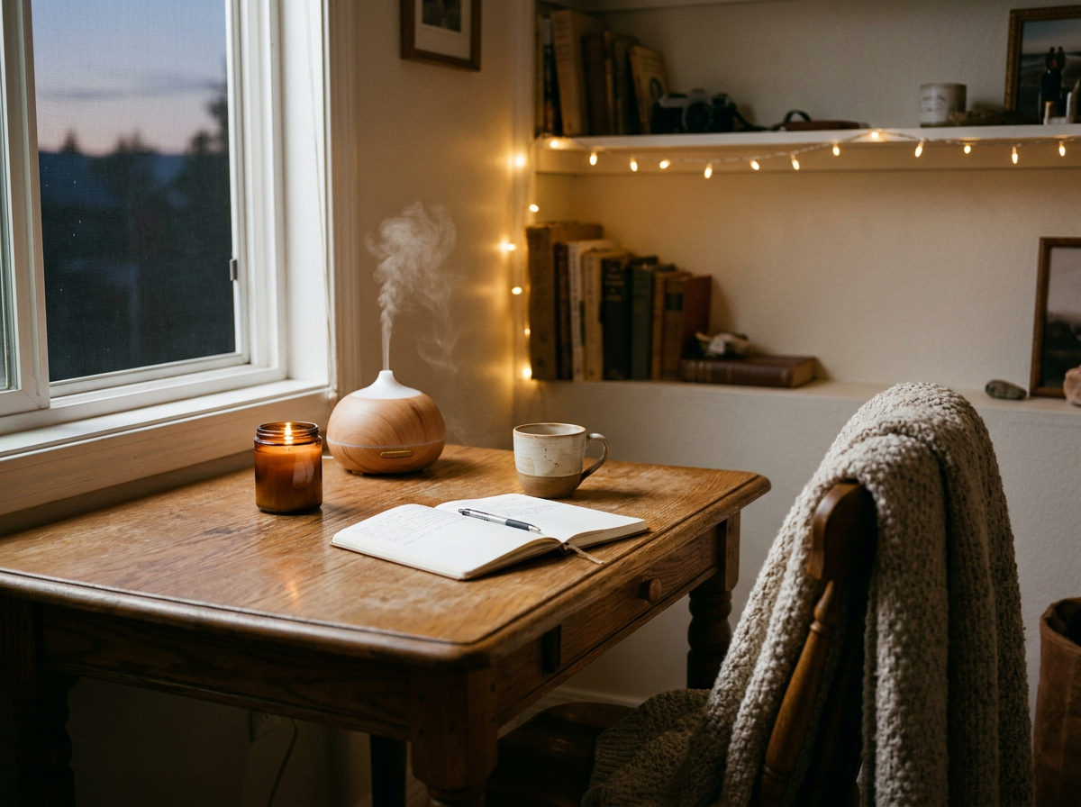 A warm desk by a window at dusk with a candle, diffuser and notebook