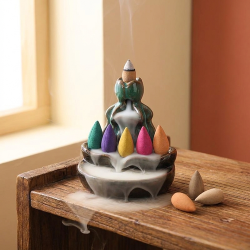 An incense waterfall burner with smoke cascading over ceramic