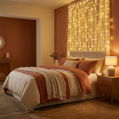 Warm curtain lights across a bedroom window