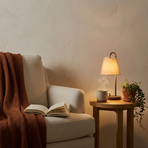 A reading chair with an open book under a warm lamp