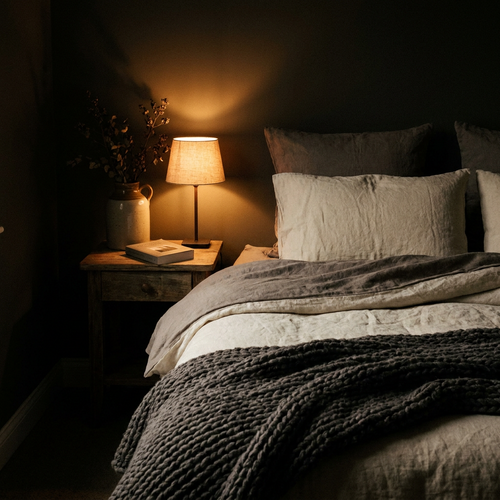 Dark bedroom lit by a single warm bedside lamp