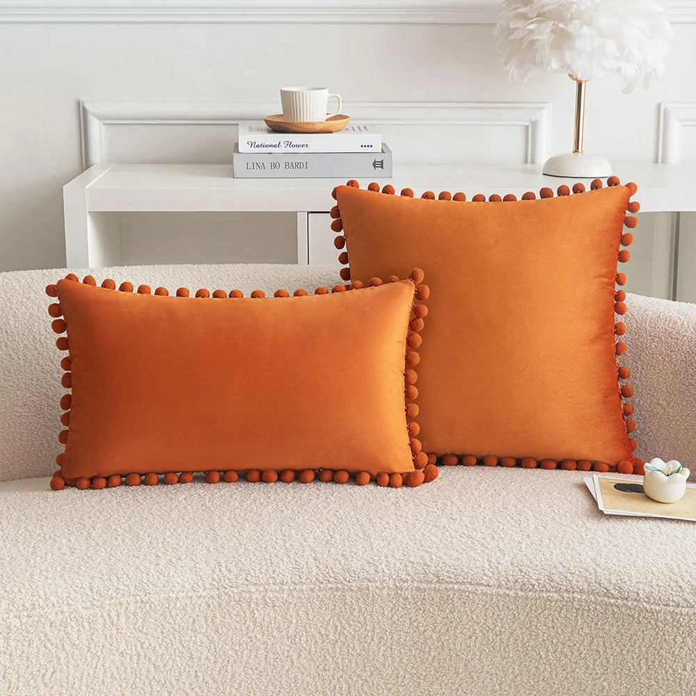 Velvet Pompom Throw Pillow Cover