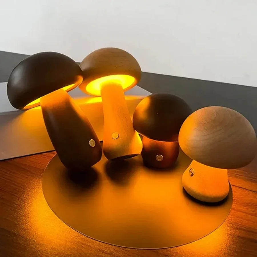 A cluster of wooden mushroom lamps glowing warm on a round tray