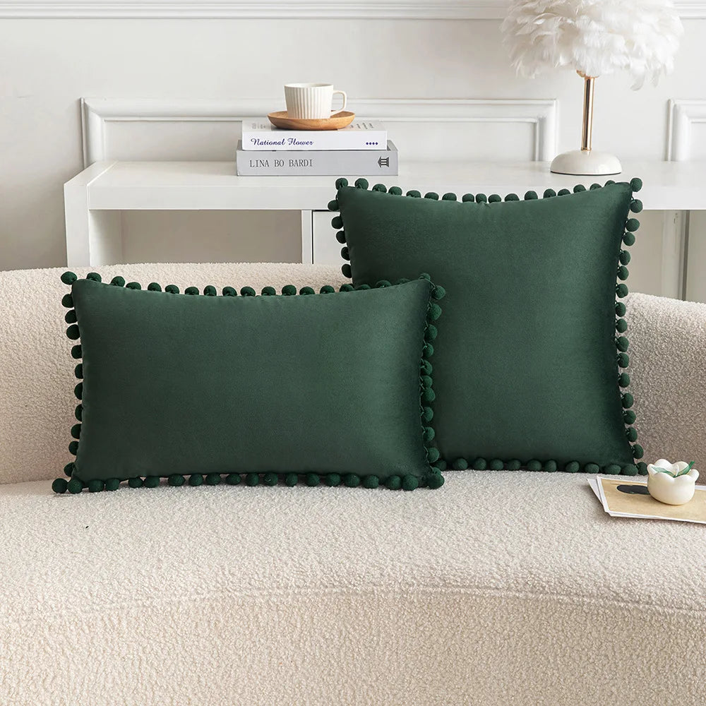 Velvet Pompom Throw Pillow Cover