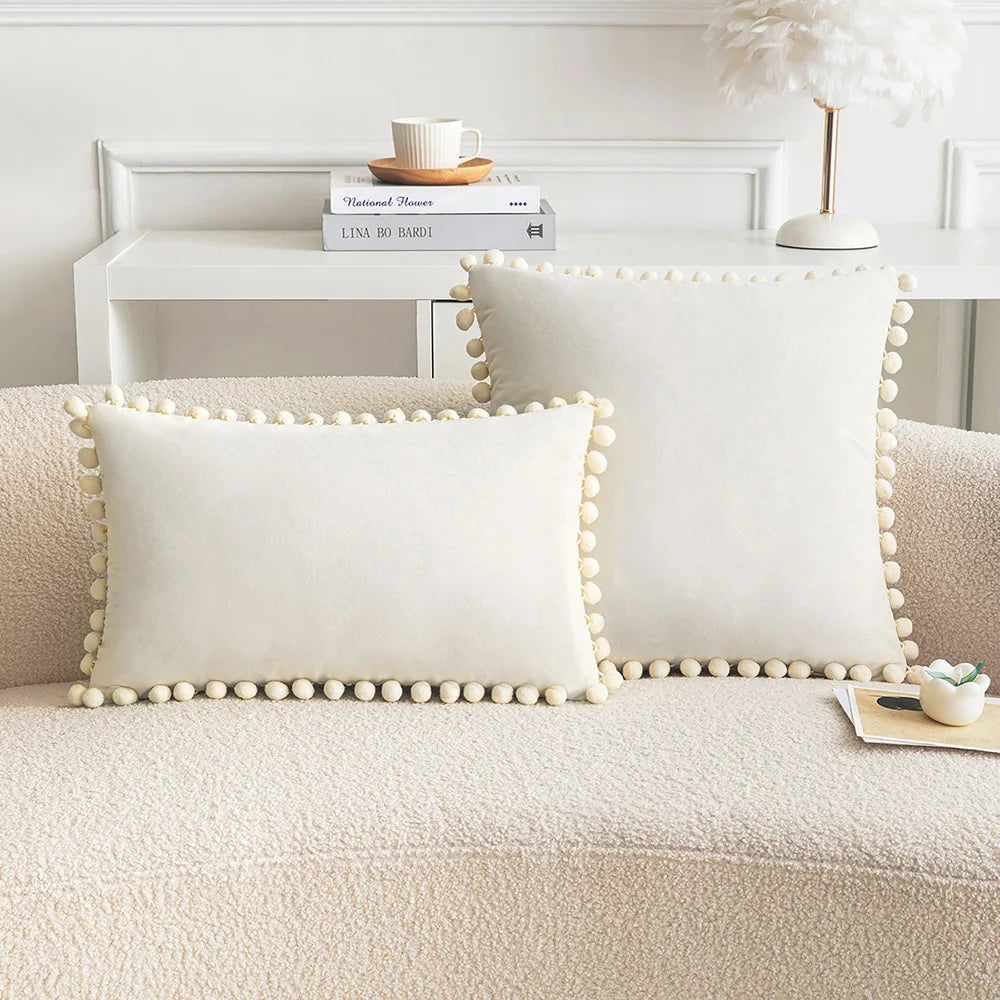 Velvet Pompom Throw Pillow Cover