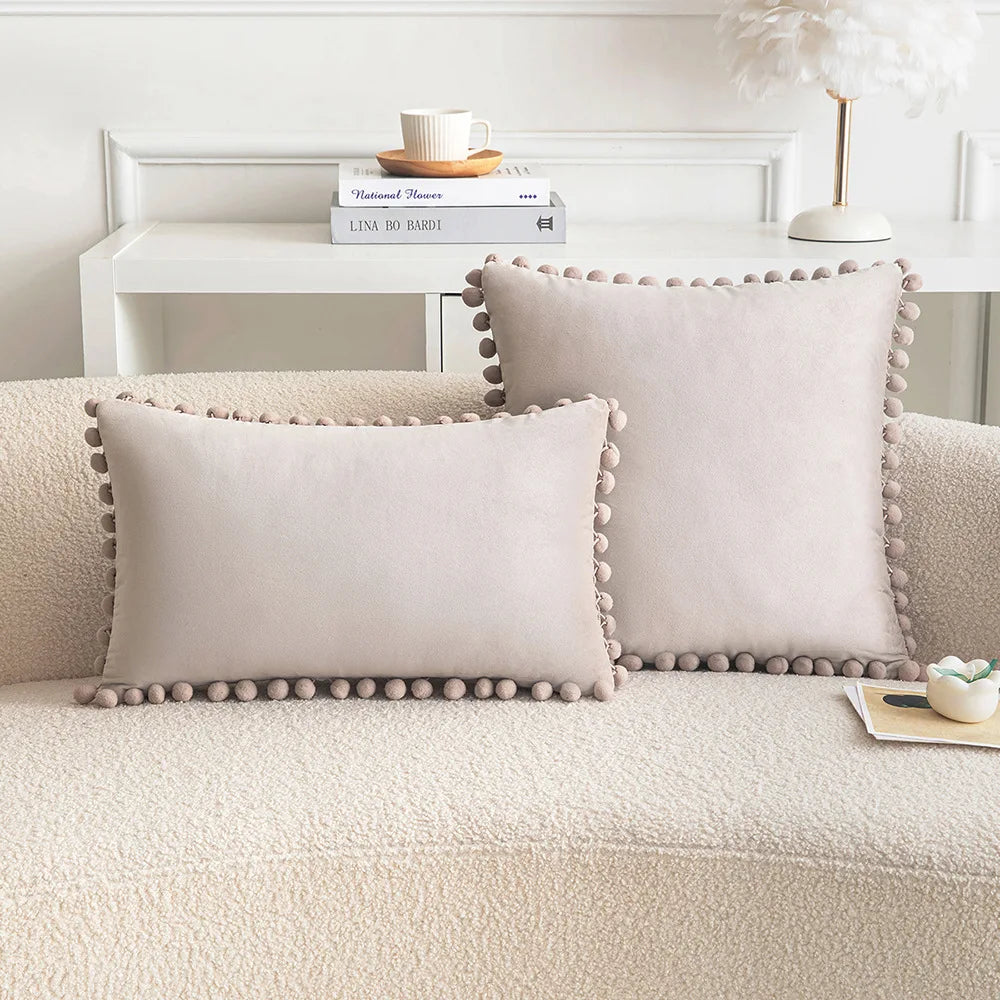 Velvet Pompom Throw Pillow Cover