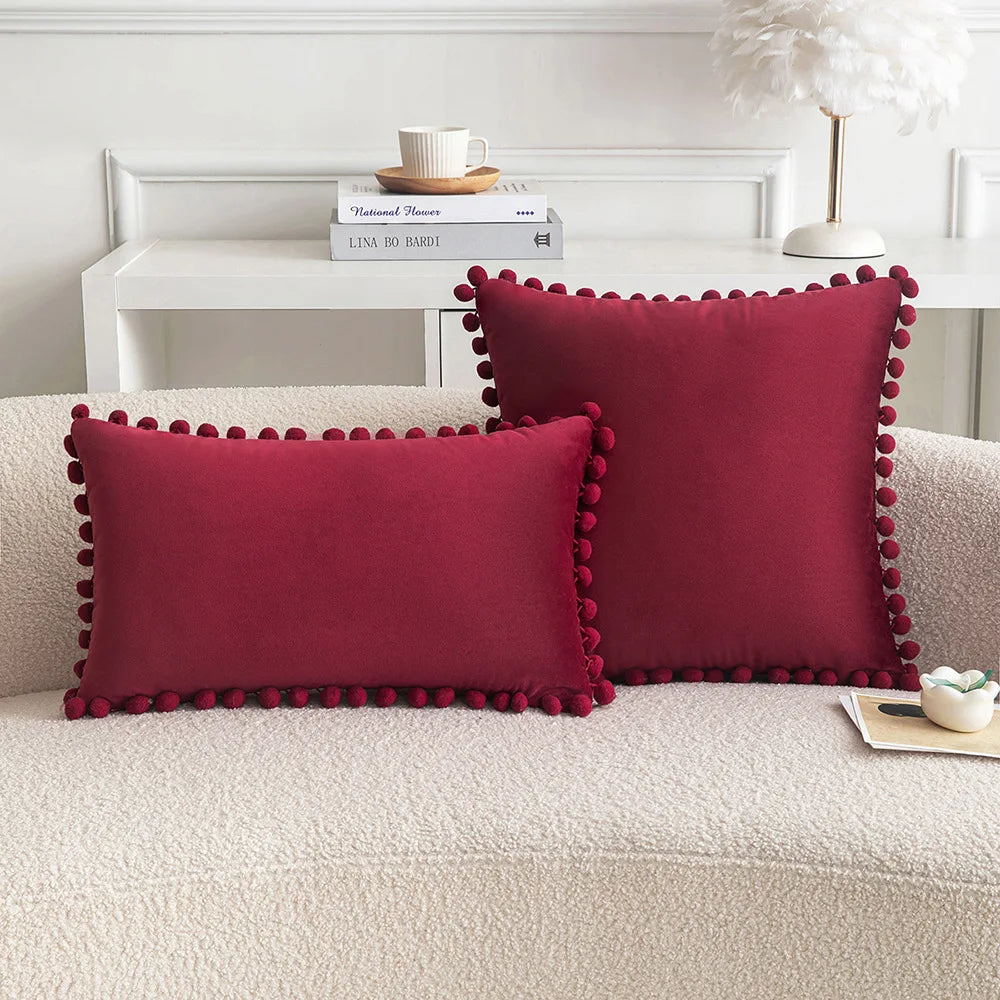 Velvet Pompom Throw Pillow Cover