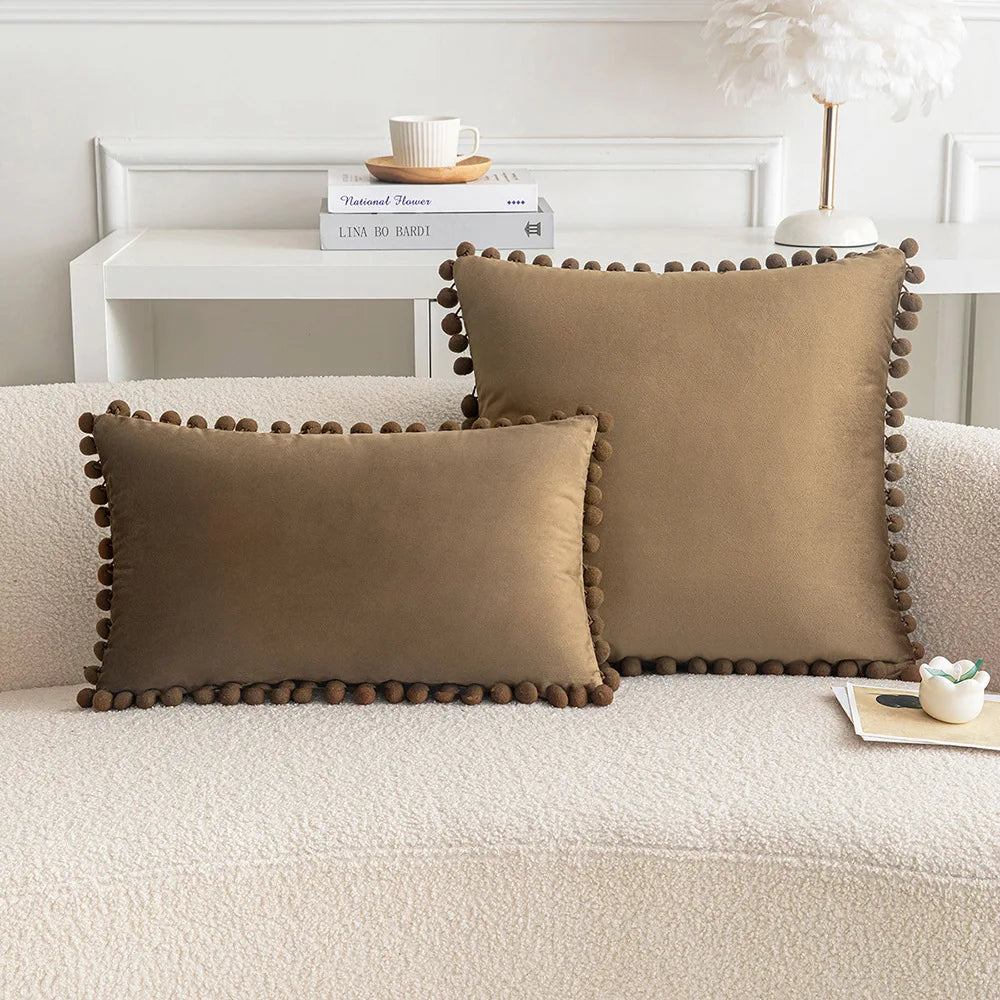 Velvet Pompom Throw Pillow Cover
