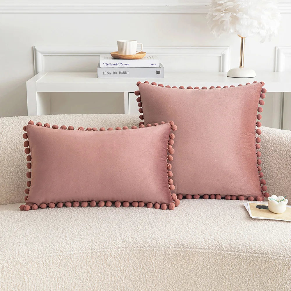 Velvet Pompom Throw Pillow Cover