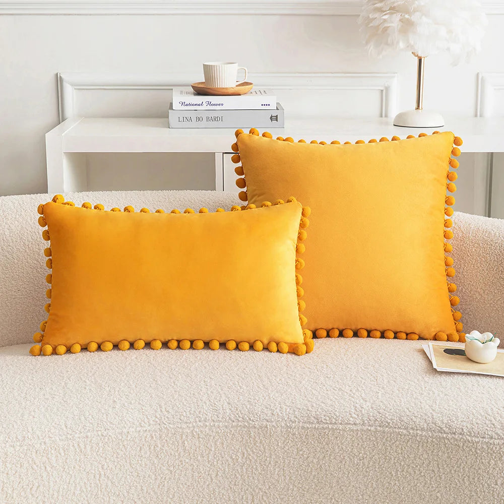 Velvet Pompom Throw Pillow Cover