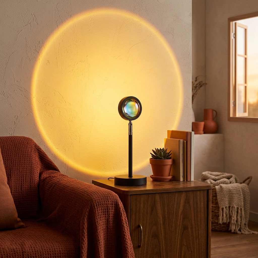 Golden Hour Mini Projector casting a warm amber sunset halo on a living room wall