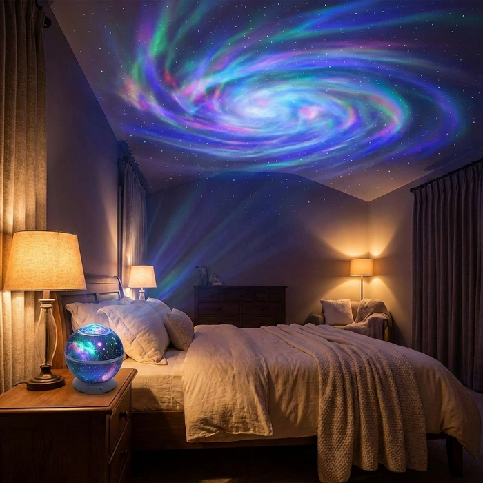 Nova Galaxy Projector casting nebula clouds across a bedroom ceiling