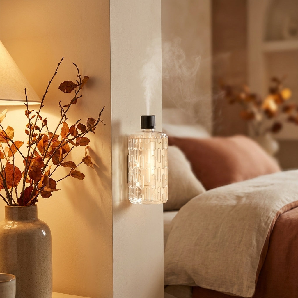 Wall diffuser misting beside an autumn bedroom styled in warm neutrals