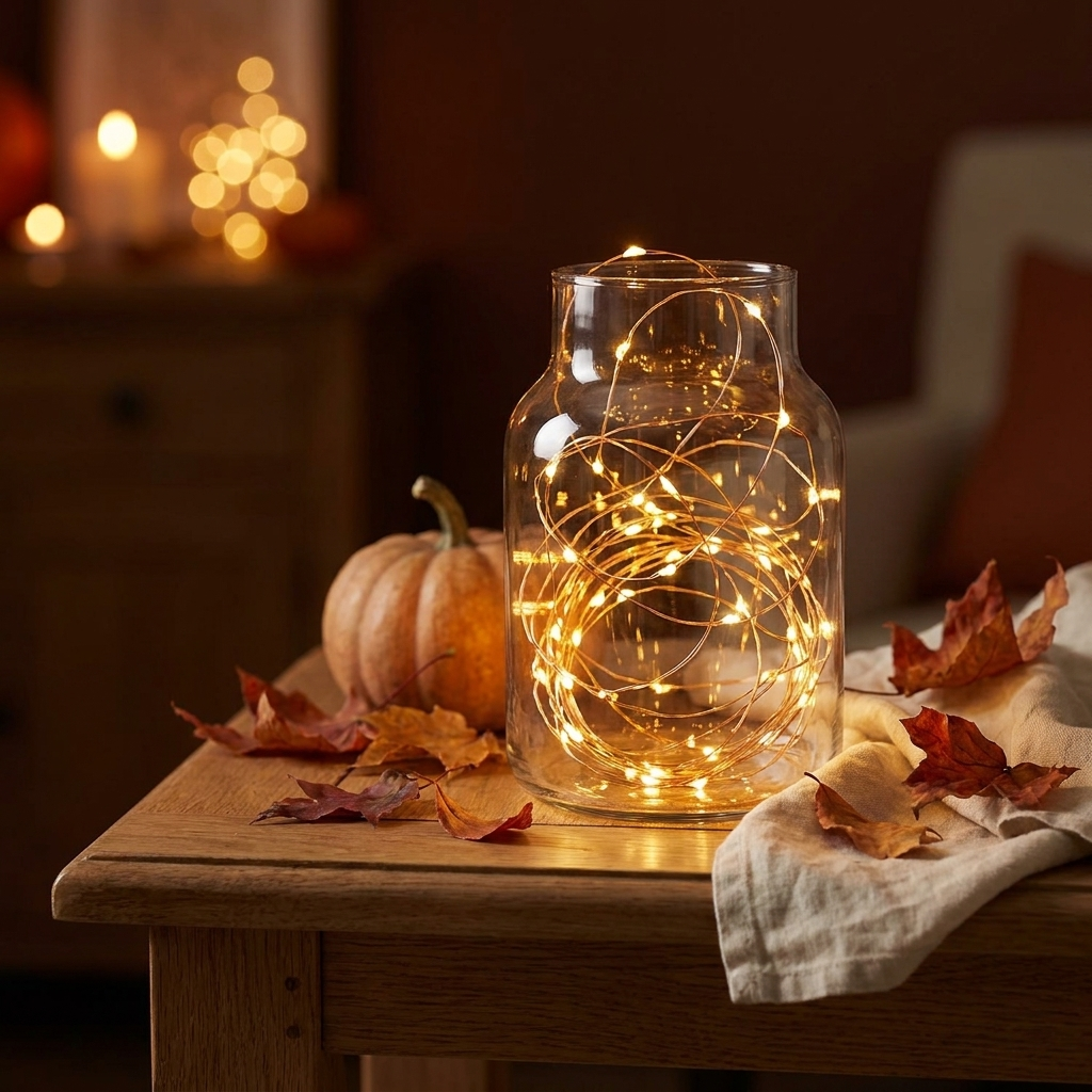Warm copper wire fairy lights coiled in a glass jar with autumn leaves and a pumpkin