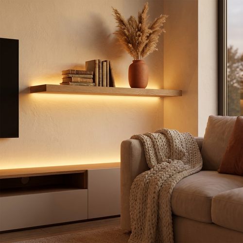 Warm LED strip lighting glowing under a floating oak shelf in a cozy living room