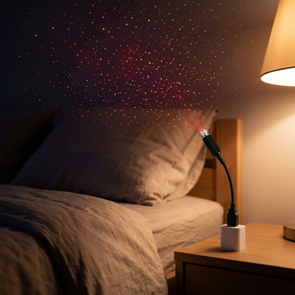 USB star projector casting red starlight across a dark bedroom ceiling