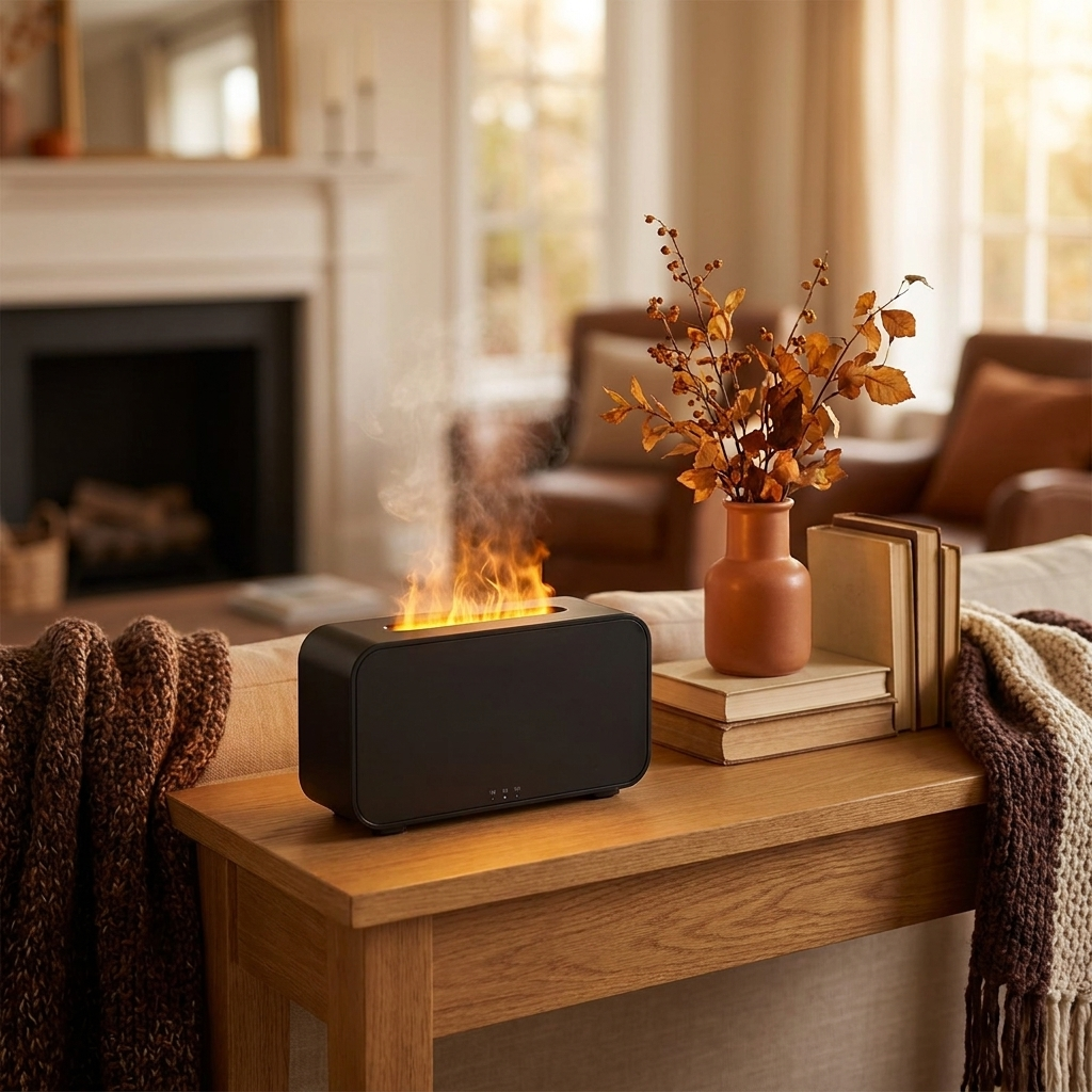 Black flame-effect aroma diffuser glowing on an oak console in a warm autumn living room