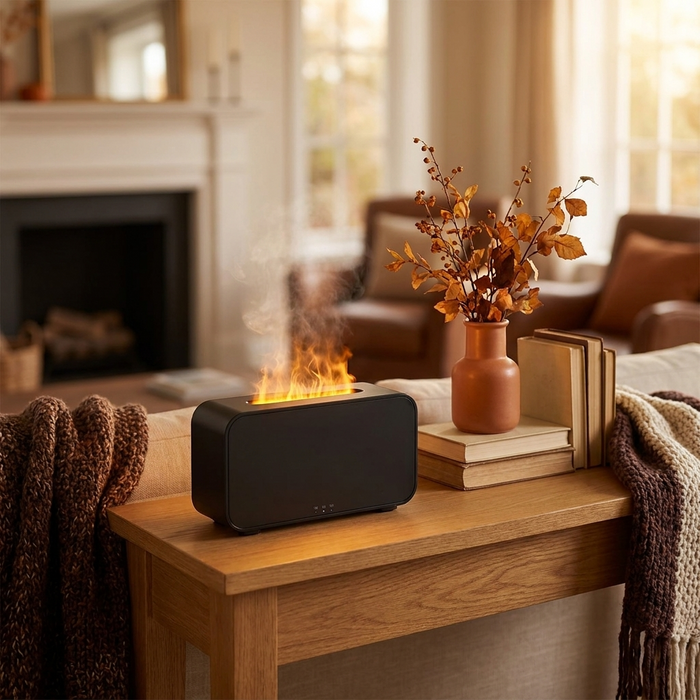 Black flame-effect aroma diffuser glowing on an oak console in a warm autumn living room