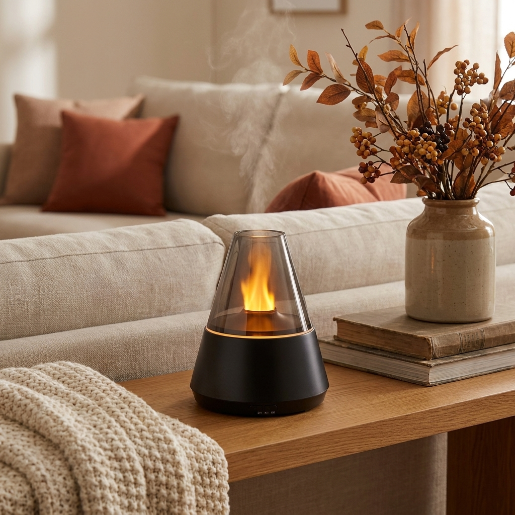 Black flame-effect diffuser glowing on an oak coffee table in a warm autumn living room
