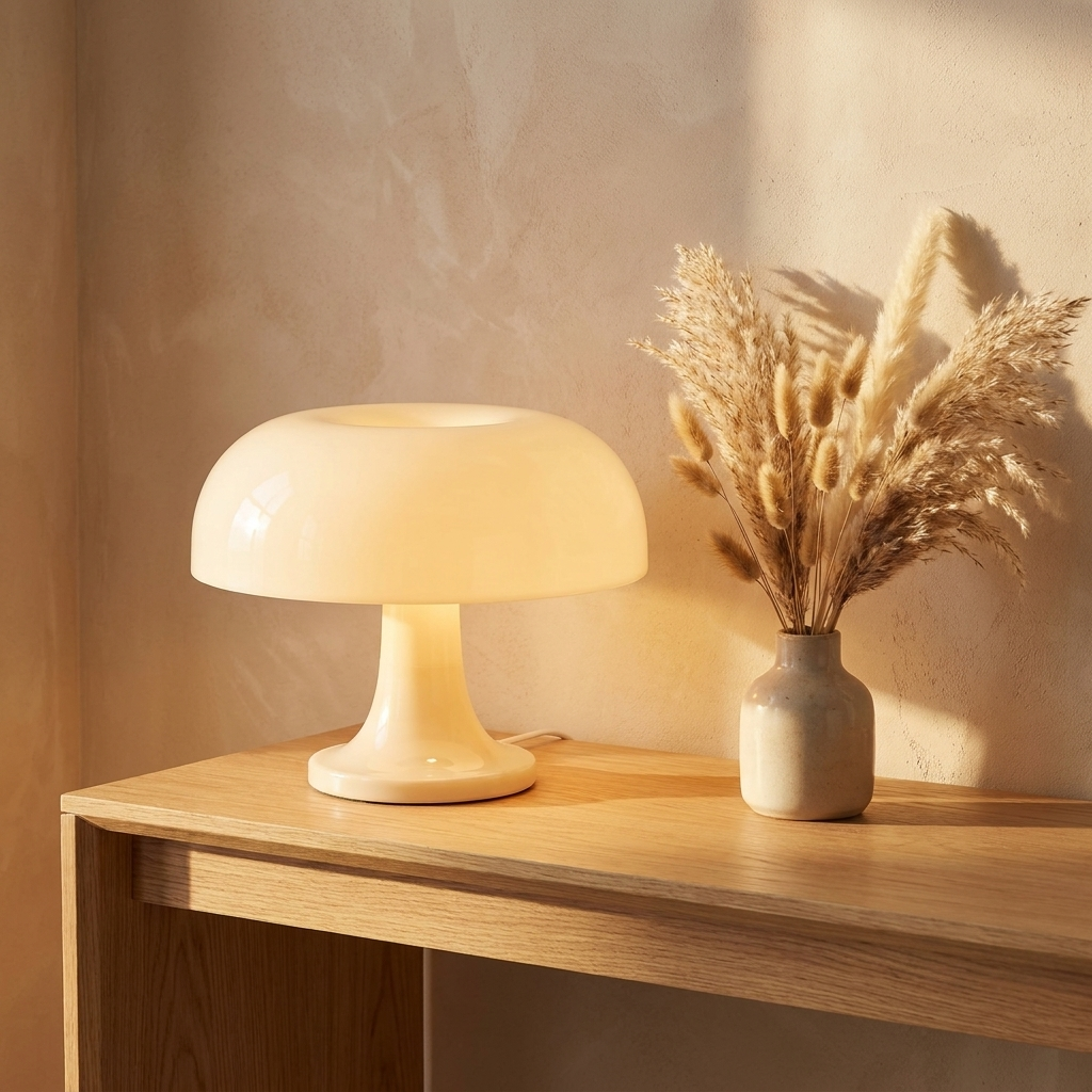 Cream glass mushroom lamp on an oak console beside a vase of dried pampas grass