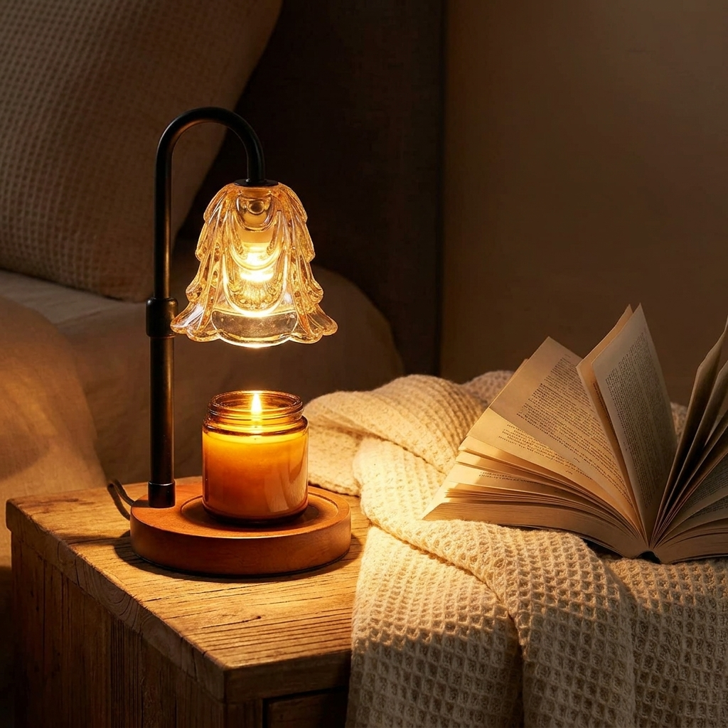 Flower glass candle warmer lamp glowing over a lit candle on a bedside table with an open book