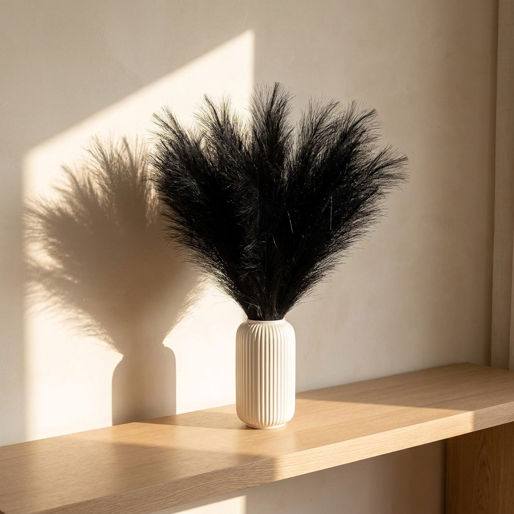 Black pampas plumes in a white ribbed vase on an oak console in afternoon sunlight