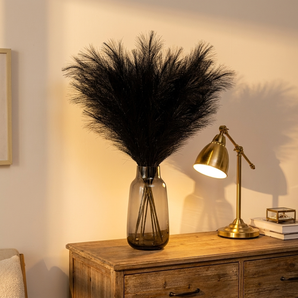 Black pampas plumes in a smoked glass vase on a bedroom dresser beside a brass lamp