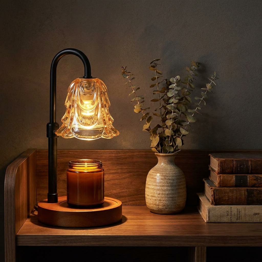 Flower glass candle warmer lamp on a walnut shelf beside dried eucalyptus and books