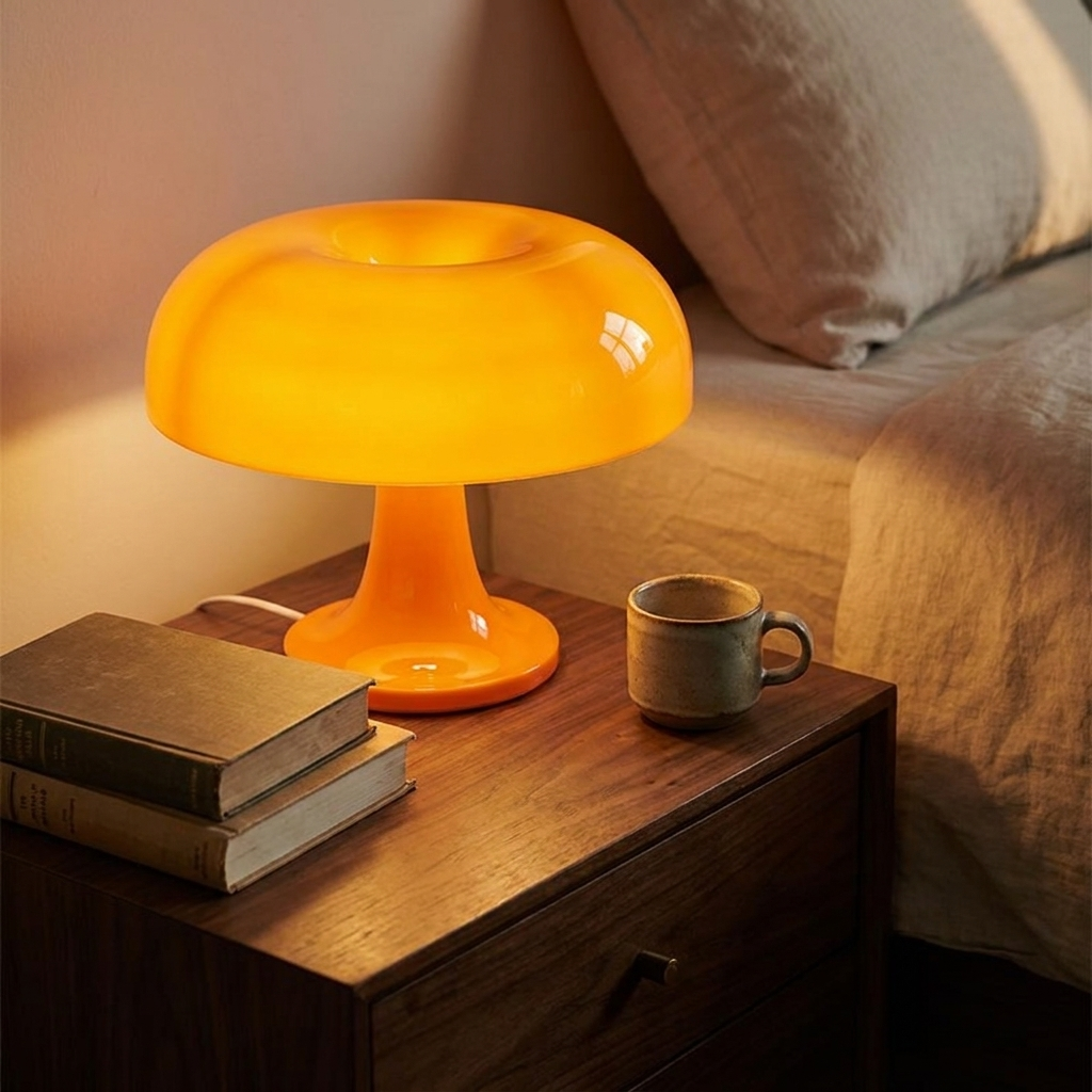 Amber glass mushroom lamp glowing on a walnut nightstand beside two books and a stoneware mug