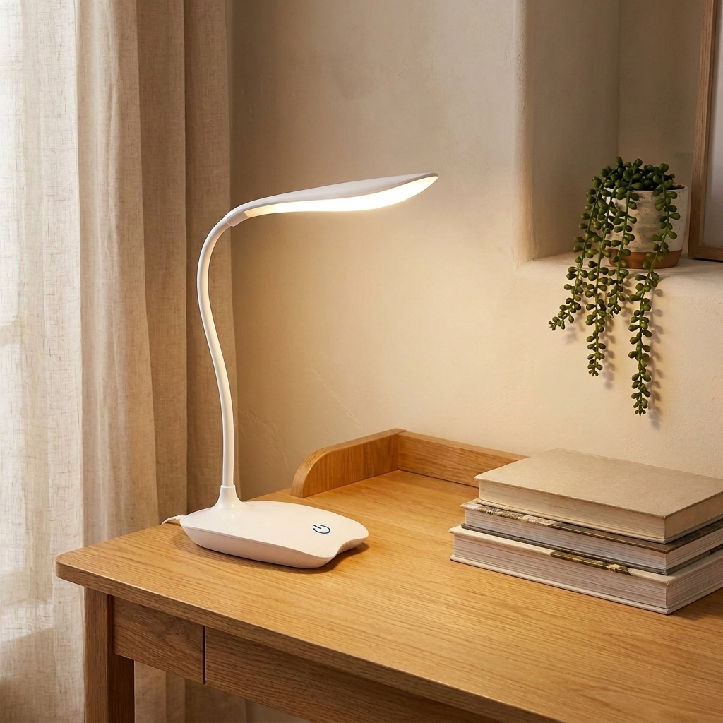 A white gooseneck reading lamp glowing warm on an oak desk beside a stack of books and a trailing plant