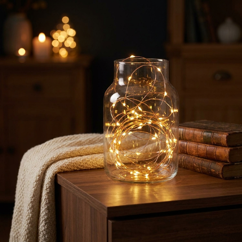 Warm white copper wire fairy lights coiled inside a glass jar on a walnut side table