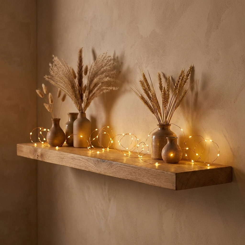 Copper wire fairy lights draped along an oak shelf between ceramic vases and dried grasses