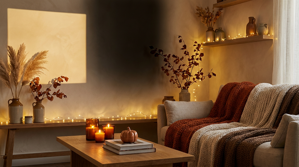 Cozy autumn living room glowing with warm fairy lights and candles