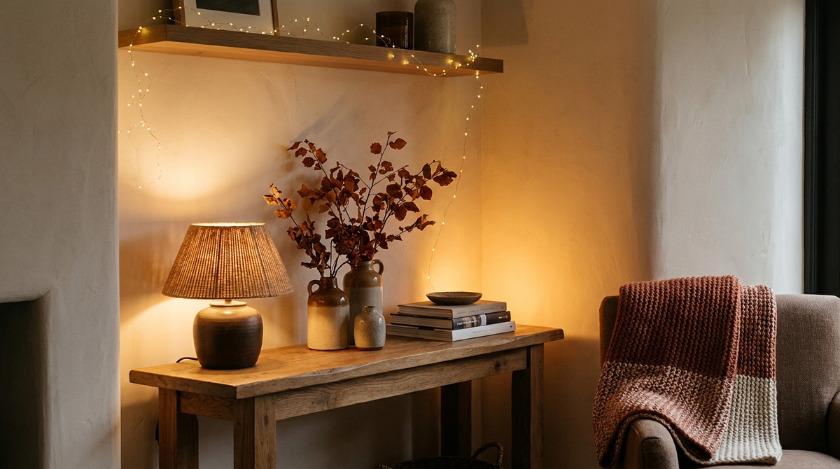 A living room corner lit in three layers: lamp, fairy lights and wall wash
